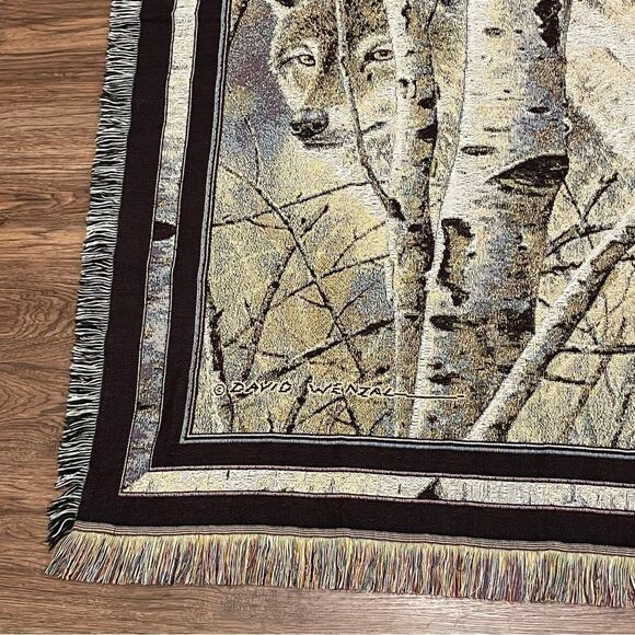 NWOT Mohawk Fleeting Glimpse Wolf In Birch Trees Tapestry Throw by David Wendell - Picture 5 of 9